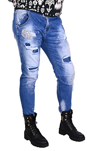 Wunder&Schön Damen Pants Jeans Gino Skinny Boyfriend Stone Destressed Skull Totenköpfe in Nieten (38) von Wunder&Schön