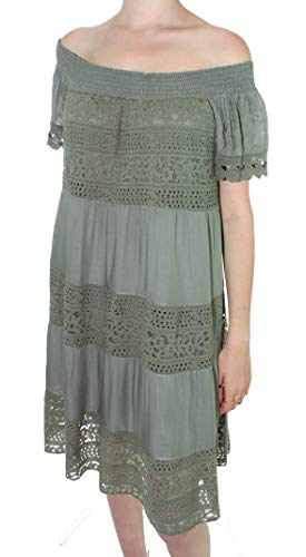 Wunder&Schön Zuckersüßes mittellanges Carmen Kleid mit Ibiza Spitze (Khaki) von Wunder&Schön