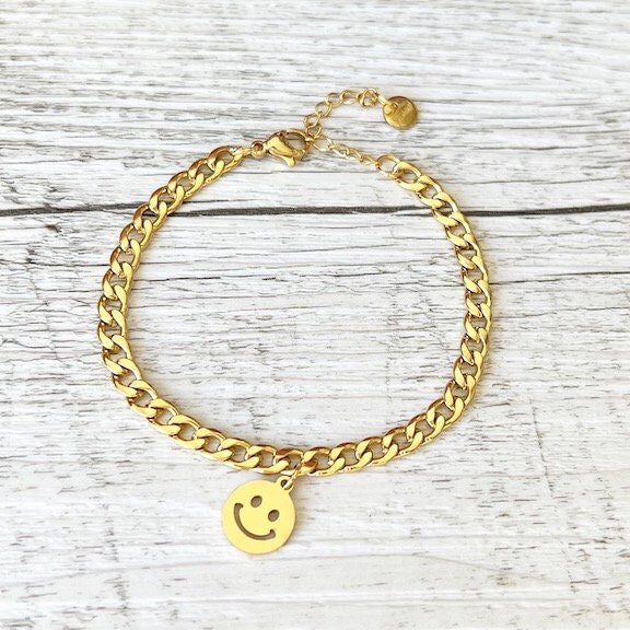 Armband Edelstahl Gold "Smile" Smiley Geschenkidee Rostfrei Vergoldet Armkettchen Größenverstellbar von Wunderbluetenschoen