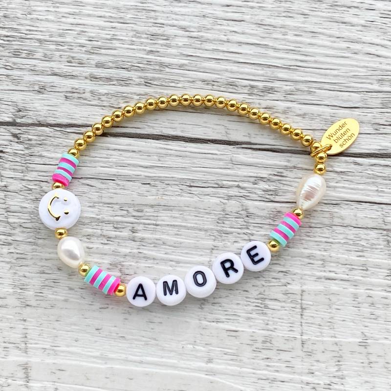 Buchstabenarmband Amore 925Er Sterlingsilber 24 Karat Gold Süßwasserperlen Katsuki Heishi Bunt Sommer Smiley Personalisiert Fußkettchen von LAKASTgeschenkideen