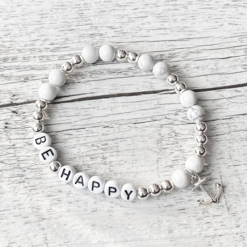 Buchstabenarmband "Marble Anchor" Ankerarmband Perlen Edelsteine Howlith Weiß 925Er Sterlingsilber Anker Glasbuchstaben Glas Be Happy Marmor von Wunderbluetenschoen