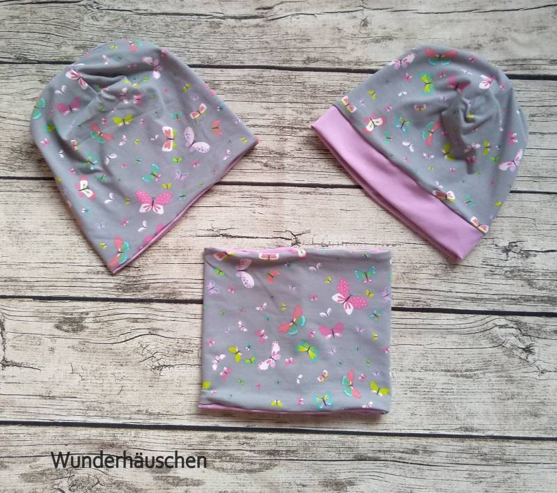 Mütze/Beanie Loop Set Kinder Baby Mädchen Schmetterlinge Gr. 46 - 56 von Wunderhaeuschen