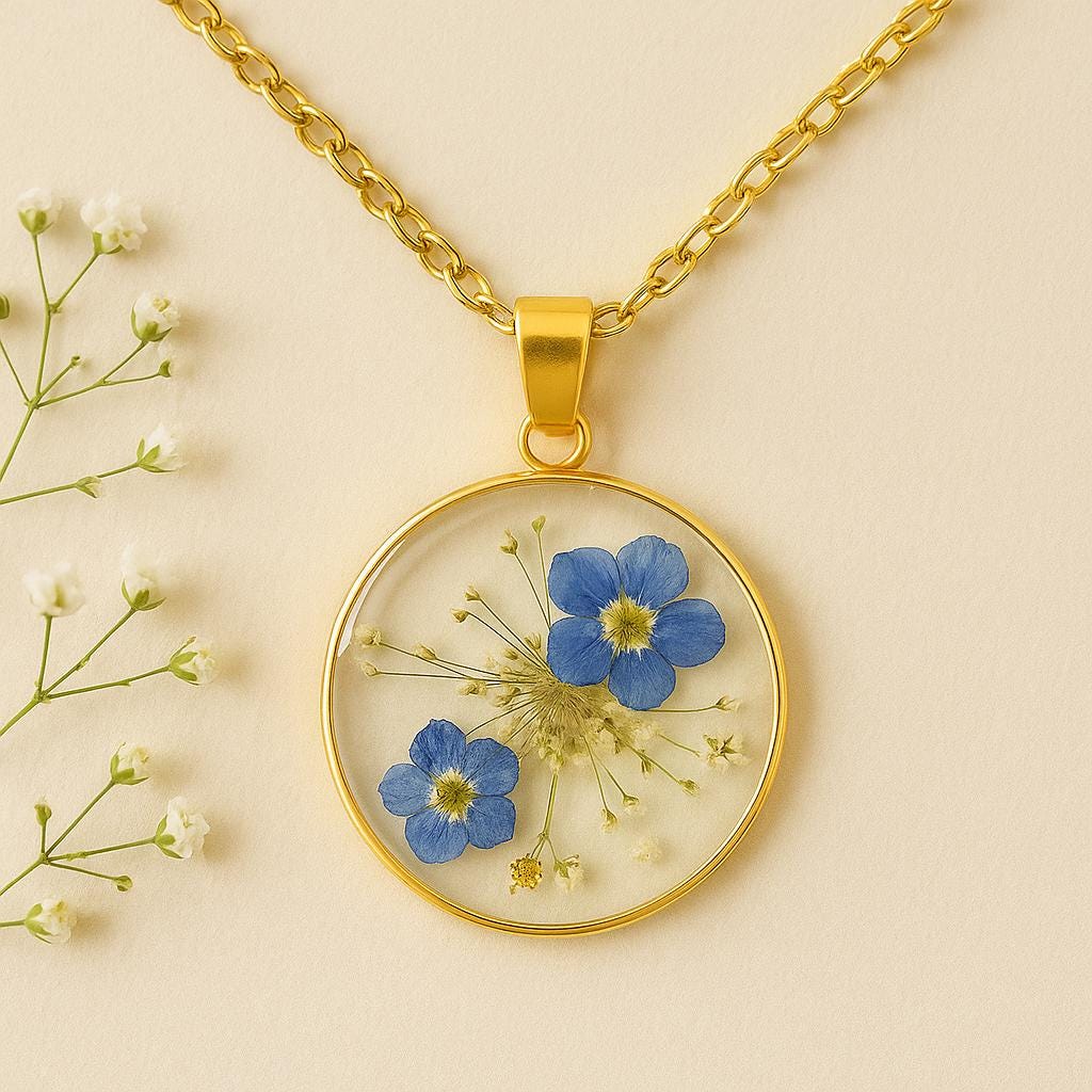 Edelstahl Gold Halskette Mit Echten Blüten in Epoxidharz - Handgefertigte Blütenkette Gold , Floraler Schmuck, Geschenk Für Sie von Wunderia