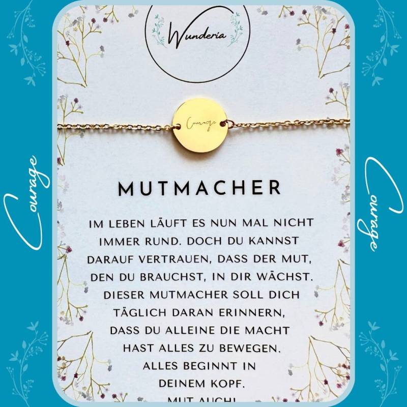Mutmacher Armband Gravur Münze Edelstahl Gold Positive Botschaft Glücksbringer Courage Armkette von Wunderia