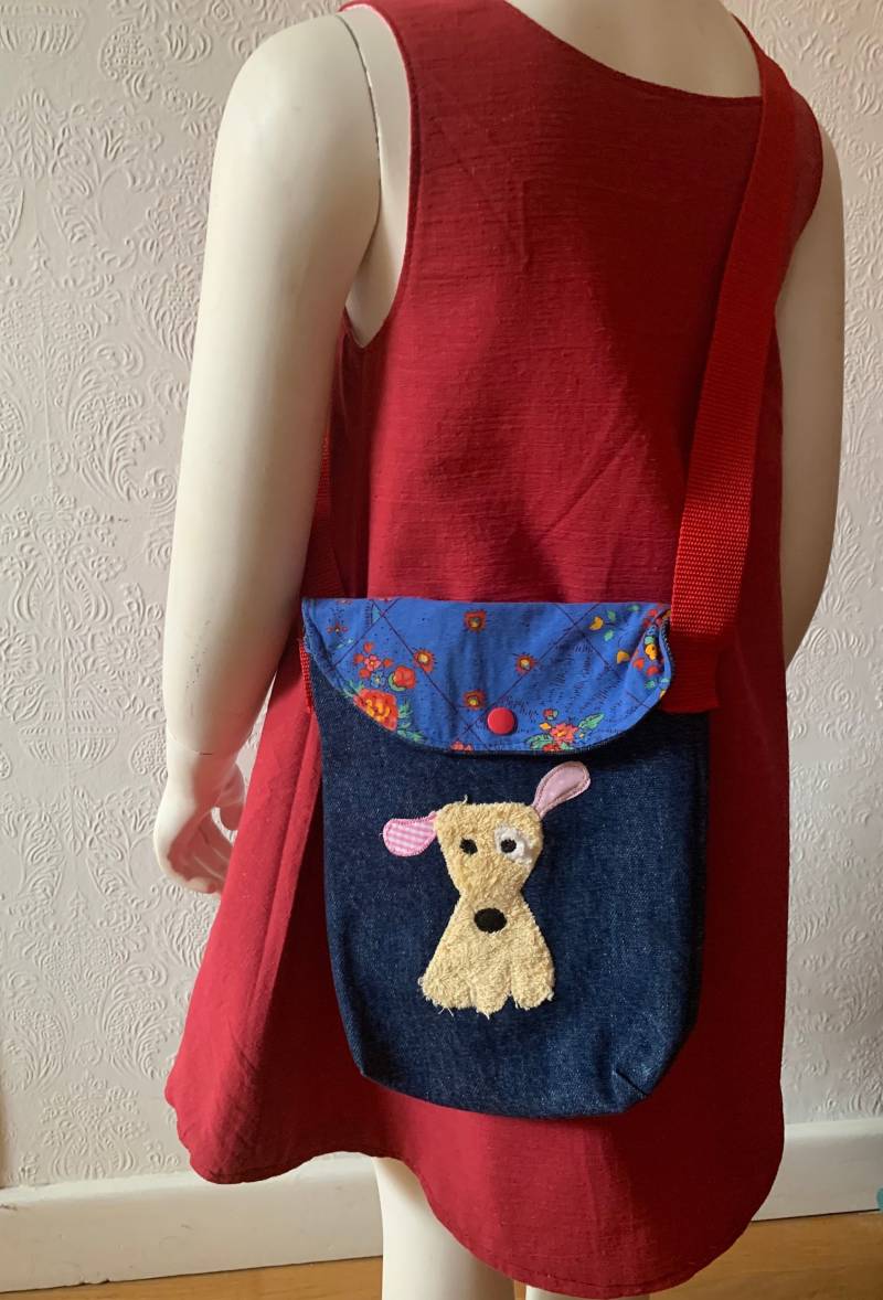 Kindergartentasche Tasche Mädchen Kinder Applikation Hund Beutel Jeansstoff Baumwolle 2-Lagig H23 X B18 von Wunderkindershop