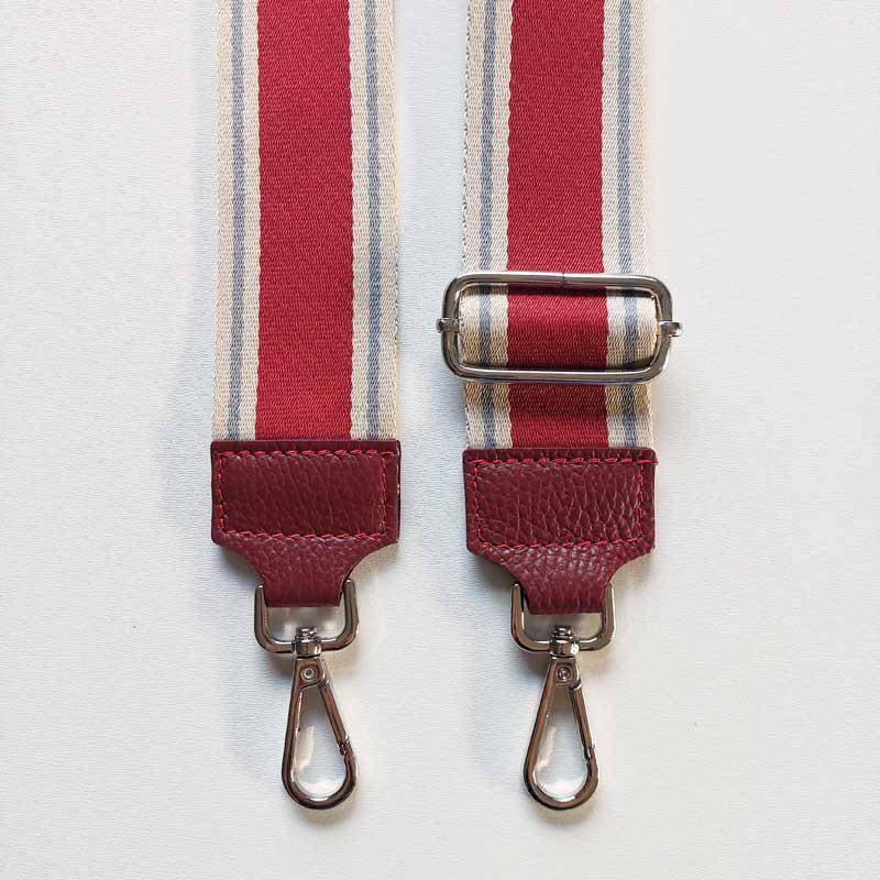 Taschengurt Streifen Ecrue Blaugrau Weinrot - Weinrotes Leder- Silber Schnallen von WunderlandDerStoffe