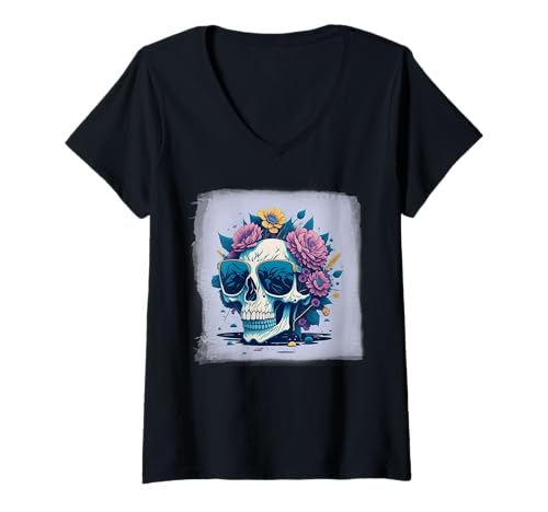 Damen Wunderschönes Arrangement mit Blumen und Totenkopf T-Shirt mit V-Ausschnitt Damen Wunderschönes Arrangement mit Blumen und Totenkopf T-Shirt mit V-Ausschnitt von Wunderschönes Arrangement mit Blumen und Totenkopf