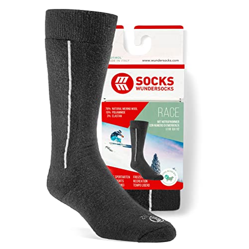 Wundersocks Skisocken & Skitouren für Herren und Damen [Made in Italy] 78% Merino Wolle, mulesingfrei, warme Funktionssocken, leicht gepolsterte Kniestrümpfe RACE (36/38, Schwarz) von Wundersocks