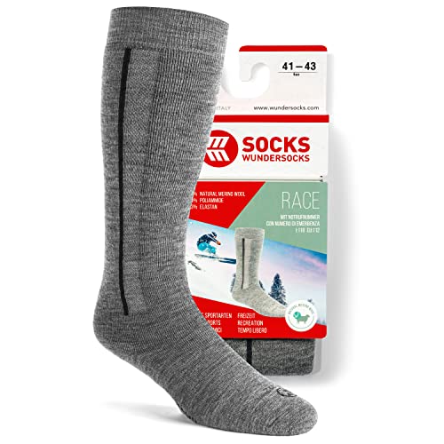 Wundersocks Skisocken & Skitouren für Herren und Damen [Made in Italy] 78% Merino Wolle, mulesingfrei, warme Funktionssocken, leicht gepolsterte Kniestrümpfe RACE (41/43, Grau) von Wundersocks