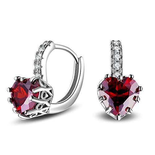 Ohrringe Damen Mädchen 925er Sterling Silber mit AAA Zirkonia Herz Kristall Antiallergie Creolen (Rot-Silber) von Wunhope