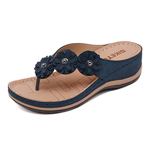 Pantoletten Damen Sommer Strass Bling Hausschuhe weich Sommer bequem Blumen Sandalen flach Plateau Beach Indoor Outdoor flip Flops (Blau, Numeric_43) von Wunhope