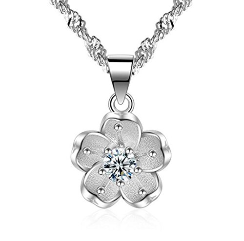 Wunhope Damen Frauen Halskette 925er Sterling Silber Diamant Kirschblüten Mode Wild Einfach Elegant Temperament Kurzer Abschnitt Claviclehalskette- Kette+Anhänger von Wunhope