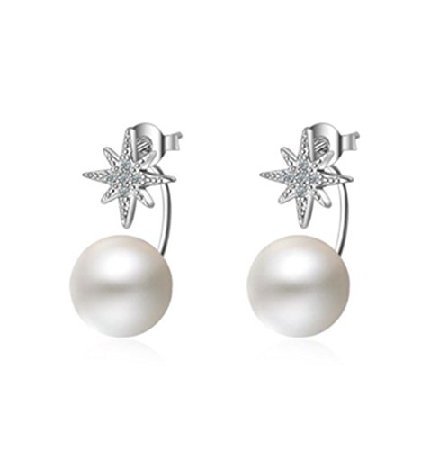 Wunhope Ohrringe Damen Mädchen 925er Sterling Silber Mode Sterne mit Edel Perle Einfache Hypoallergen Front-Back-Ohrringe ohrstecker von Wunhope