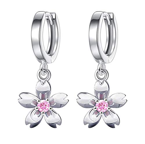 Wunhope Ohrringe Damen Ohrhänger Creolen 925er Silber Mode Zirkonia Pink Blumen Hoop Ohrschmuck FÜR Frauen Mädchen Hypoallergen von Wunhope