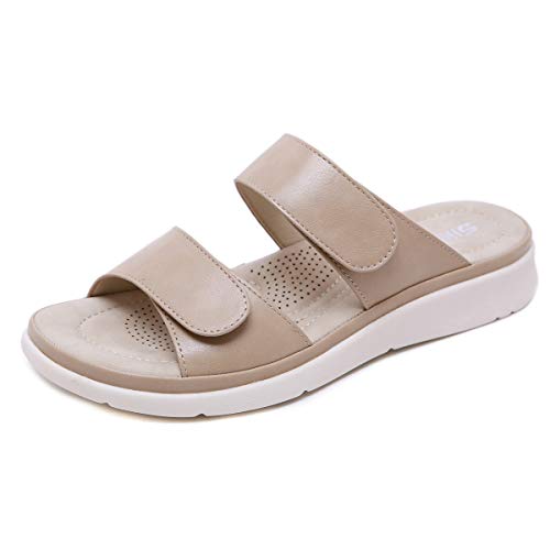 Wunhope Pantoletten Damen Sommer Leder Klettverschluss Hausschuhe weich bequem Sandalen flach Plateau Beach Indoor Outdoor flip Flops (Beige, Numeric_40) von Wunhope