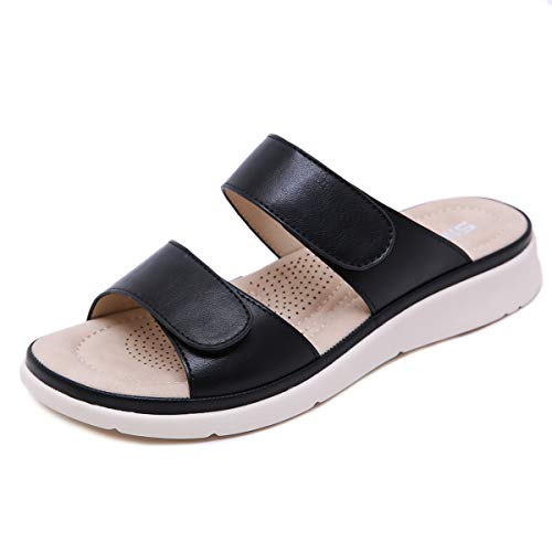 Wunhope Pantoletten Damen Sommer Leder Klettverschluss Hausschuhe weich bequem Sandalen flach Plateau Beach Indoor Outdoor flip Flops (Svchwarz, Numeric_37) von Wunhope