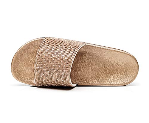 Wunhope Pantoletten Damen Sommer Strass Bling Hausschuhe weich Sommer bequem Glitzer Sandalen flach Plateau Beach Indoor Outdoor flip Flops (Golden, Numeric_37) von Wunhope