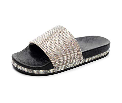 Wunhope Pantoletten Damen Sommer Strass Bling Hausschuhe weich Sommer bequem Glitzer Sandalen flach Plateau Beach Indoor Outdoor flip Flops (Schwarz-Silber, Numeric_37) von Wunhope