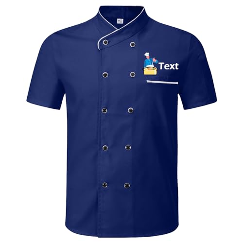 Wunnxikiee Personalisierte Kochjacke Mit Stickerei/Digitaldruck Personalisierte Kurzarm-Küchenkleidung Für Herren & Damen Arbeitsuniform Bäckerei Herd Food Koch Kostüm (Digitaldruck, Blau) von Wunnxikiee