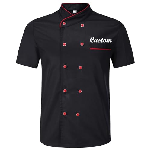 Wunnxikiee Personalisierte Kochjacke Mit Stickerei/Digitaldruck Personalisierte Kurzarm-Küchenkleidung Für Herren & Damen Arbeitsuniform Bäckerei Herd Food Koch Kostüm (Stickerei, Schwarz) von Wunnxikiee
