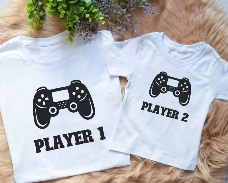 Papa Und Kind Passendes Set Vater Outfit Partnerlook "Player 1 " T-Shirt 2 Familien Kleidung von WunschShopCOM