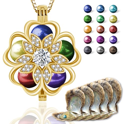 Wunschperlen Blossom Halskette mit echten Perlen in Auster zum Öffnen, Gold Damenkette mit 2x Natürlicher + 3x Bunter Perlenfarbe Wunschperlen Blossom Halskette mit echten Perlen in Auster zum Öffnen, Gold Damenkette mit 2x Natürlicher + 3x Bunter Perlenfarbe von Wunschperlen