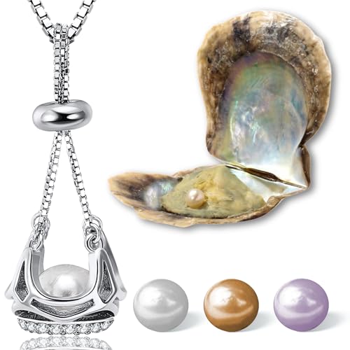 Wunschperlen Chandelier Halskette mit echter Perle in Auster zum Öffnen, 925 Silber Damenkette mit Anhänger und Perle in Natürlicher Farbe von Wunschperlen