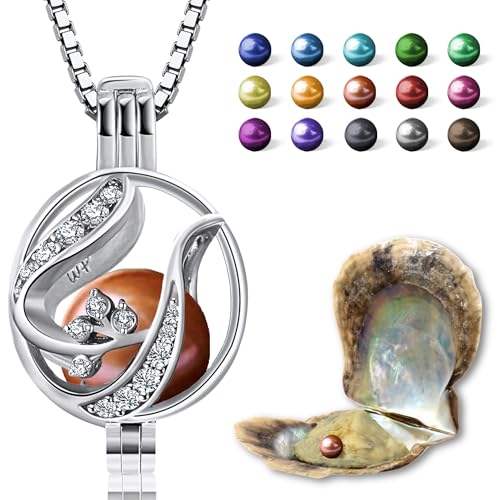 Wunschperlen Floral Halskette mit echter Perle in Auster zum Öffnen, 925 Silber Damenkette mit Anhänger und Perle in Bunter Farbe von Wunschperlen