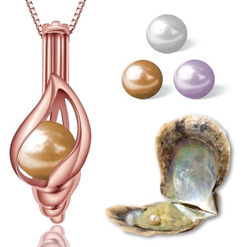Wunschperlen Perlenkette Damen Schmuck Set - Muschelkette Rosegold und Muschel mit Perle - 925 Silber-Kette Damen mit Anhänger und Echte Perle in Muschel - Schmuckset Rosegold Geschenk für Sie von Wunschperlen