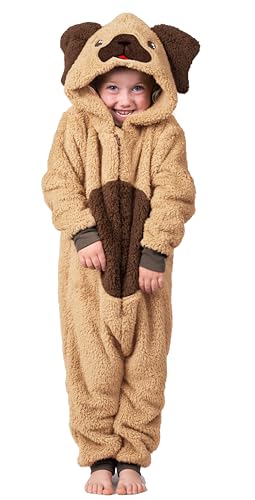 Hunde-Einteiler für Jungen oder Mädchen aus weichem Fleece mit Schwanz in Kindergrößen 2-13 Jahre in Schwarz, Weiß oder Beige, Welpe mit Schwanz, 12-13 Jahre von Wunsy