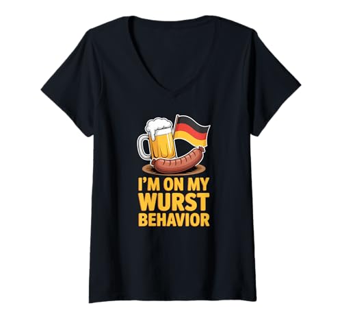 Damen I'm on My Wurst Behavior T-Shirt mit V-Ausschnitt von Wurst Behavior Dirndl Bavarian Dress