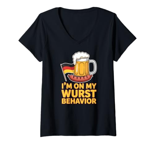 Damen I'm on My Wurst Behavior T-Shirt mit V-Ausschnitt von Wurst Behavior Dirndl Bavarian Dress