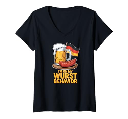 Damen I'm on My Wurst Behavior T-Shirt mit V-Ausschnitt von Wurst Behavior Dirndl Bavarian Dress