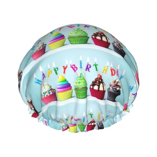 Wurton Bunte Happy Birthday Cupcakes Druck Wiederverwendbare Enviro-Care Duschhaube weich für Frauen doppelte wasserdichte Schichten Showe Cap von Wurton