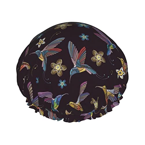 Wurton Duschhaube mit Blumen-Kolibri-Stickerei, wiederverwendbar, umweltfreundlich, weich, für Damen, doppelte wasserdichte Schichten, Showe Cap von Wurton