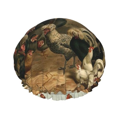 Wurton Duschhaube mit Huhn- und Hahn-Druck, wiederverwendbar, umweltfreundlich, weich, für Damen, doppelte wasserdichte Schichten, Showe Cap von Wurton