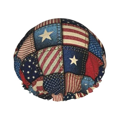 Wurton Duschhaube mit amerikanischer Flagge, Patchwork-Druck, wiederverwendbar, umweltfreundlich, weich, für Damen, doppelte wasserdichte Schichten, Showe Cap von Wurton