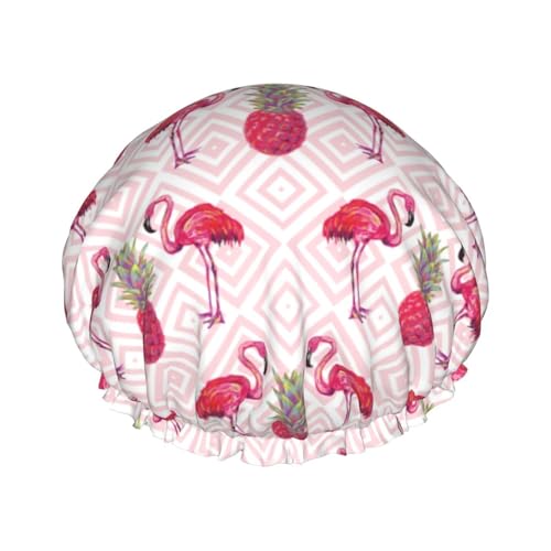 Wurton Duschhaube mit pinkem Flamingo-Ananas-Druck, wiederverwendbar, umweltfreundlich, weich, für Damen, doppelte wasserdichte Schichten, Showe Cap von Wurton