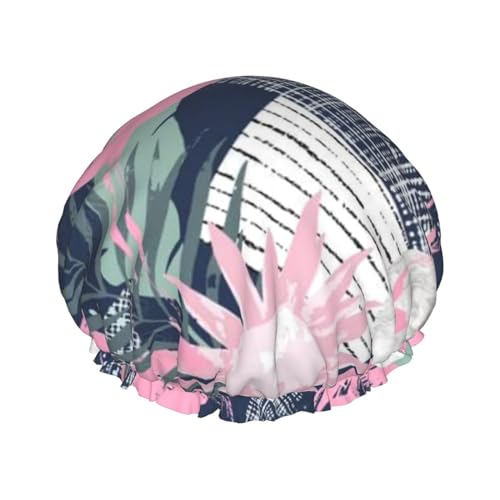 Wurton Duschhaube mit rosa Flamingo- und Blättern, wiederverwendbar, umweltfreundlich, weich, für Damen, doppelte wasserdichte Schichten von Wurton