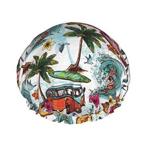 Wurton Hawaiianische Surfer-Duschhaube mit gewelltem Druck, wiederverwendbar, umweltfreundlich, weich, für Damen, doppelte wasserdichte Schichten, Showe Cap von Wurton