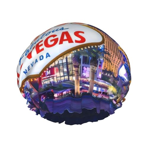 Wurton Las Vegas Night City Print wiederverwendbare Enviro-Care Duschhaube weich für Frauen doppelte wasserdichte Schichten Showe Cap von Wurton