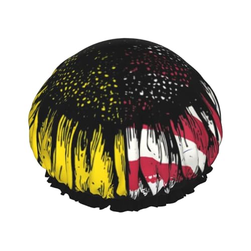 Wurton Sonnenblumen-Duschhaube mit amerikanischer Flagge, wiederverwendbar, umweltfreundlich, weich, für Damen, doppelte wasserdichte Schichten, Showe Cap von Wurton