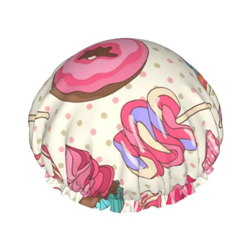 Wurton Sweet Lollipop Cupcake Print Wiederverwendbare Enviro-Care Duschhaube Weich für Frauen Doppelte wasserdichte Schichten Showe Cap von Wurton