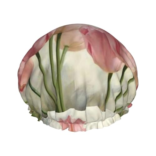 Wurton Wiederverwendbare Enviro-Care Duschhaube mit rosa Tulpenmuster, weich, für Damen, doppelte wasserdichte Schichten, Showe Cap von Wurton