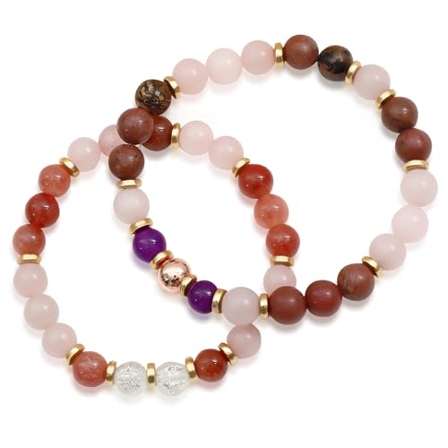 Wusboo 2er Set Handgemachte Armbänder, Natürliche Edelsteine wie Rosenquarz, Amethyst, Tigerauge, Elastisches Band, Geschenkbox & Bedeutungs-Karte, Damen & Herren Schmuck von Wusboo
