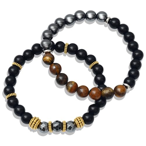 Wusboo 2er Set Handgemachte Armbänder, Natürliche Edelsteine wie Rosenquarz, Amethyst, Tigerauge, Elastisches Band, Geschenkbox & Bedeutungs-Karte, Damen & Herren Schmuck von Wusboo
