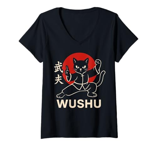 Damen Wushu Cat Kung Fu Kitty Lustiger Kampfkünstler Katzenliebhaber T-Shirt mit V-Ausschnitt Damen Wushu Cat Kung Fu Kitty Lustiger Kampfkünstler Katzenliebhaber T-Shirt mit V-Ausschnitt von Wushu Cat Martial Arts Kung Fu Kitty Fighter
