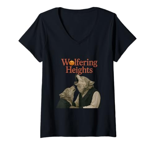 Damen Wolfering Heights Gothic Wolf Heulende Parodie T-Shirt mit V-Ausschnitt Damen Wolfering Heights Gothic Wolf Heulende Parodie T-Shirt mit V-Ausschnitt von Wuthering Heights Gothic Dark Fantasy Romance