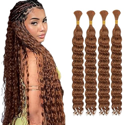 WuvuSnm Human Hair Braiding Deep Wave Boho Braids Bulk Hair Weave Natural Extensions No Weft #30 Light Brown Color 4 Braids Per Pack Total 200g for Woman 16 16 16 16 Inch von WuvuSnm