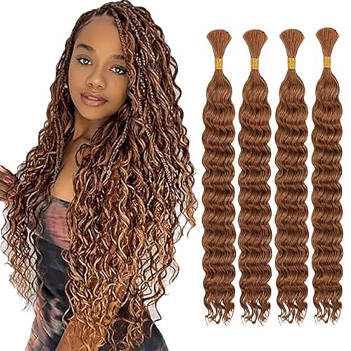 WuvuSnm Human Hair Braiding Deep Wave Boho Braids Bulk Hair Weave Natural Extensions No Weft #30 Light Brown Color 4 Braids Per Pack Total 200g for Woman 18 18 18 18 Inch von WuvuSnm
